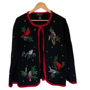 Vtg Hampshire Studio SNOW Black Cardigan Size‎ XL Bird Embroidery Holiday Season